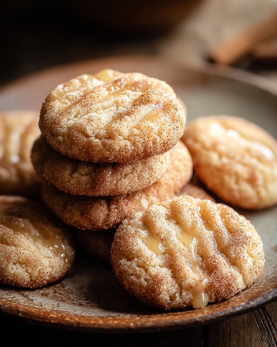 Gros plan sur des biscuits au cidre de pomme saupoudrés de cannelle et nappés d'un glaçage doré.