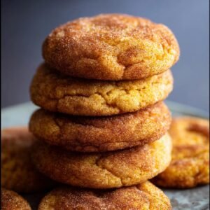 Gros plan d'une pile de biscuits Snickerdoodle Citrouille, saupoudrés de sucre à la cannelle.