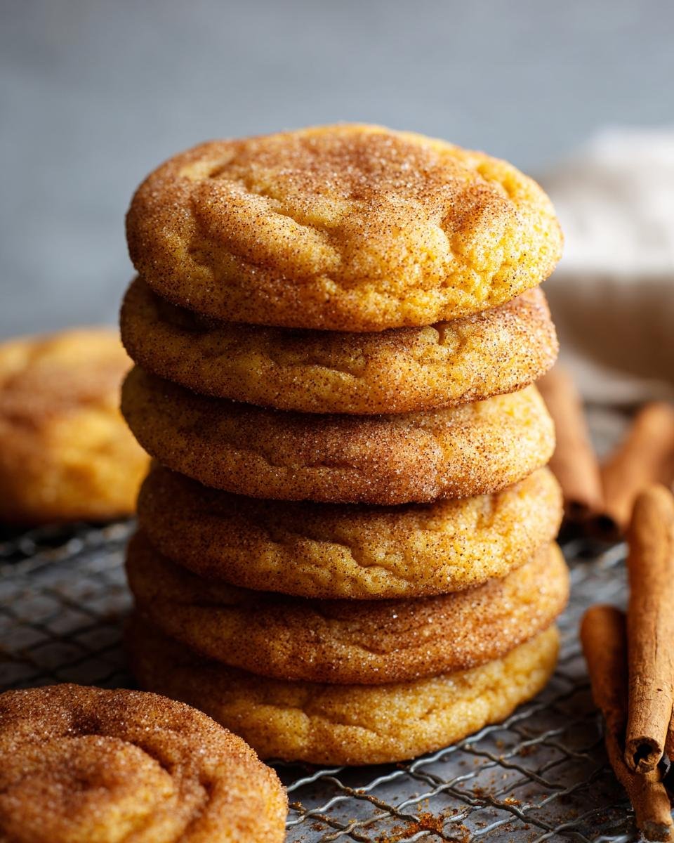 Gros plan d'une pile de biscuits Snickerdoodle Citrouille saupoudrés de cannelle et de sucre.