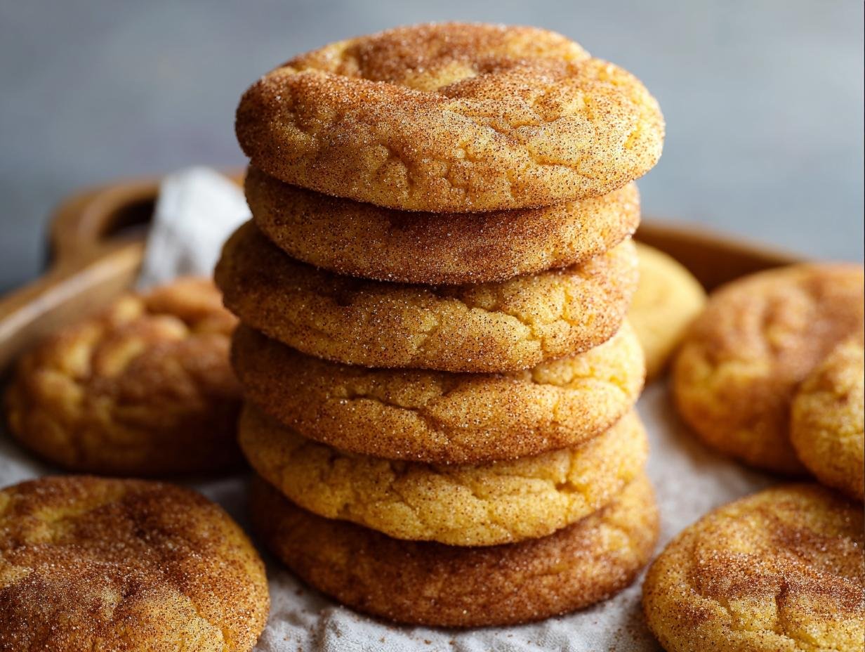 Gros plan d'une pile de biscuits Snickerdoodle Citrouille recouverts de sucre et de cannelle.