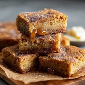 Gros plan sur des blondies au miel et à la cannelle, avec un caramel coulant.