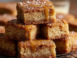 Gros plan sur une pile de blondies au miel et à la cannelle, nappés de sauce caramel et saupoudrés de sucre.