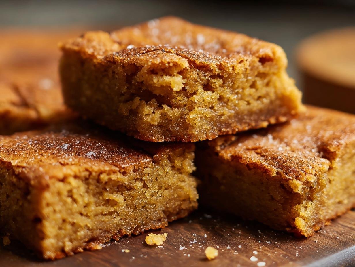 Blondies miel cannelle : 250 calories gourmandes 1 Gros plan sur des blondies au miel et à la cannelle saupoudrés de sucre, empilés sur une planche en bois.