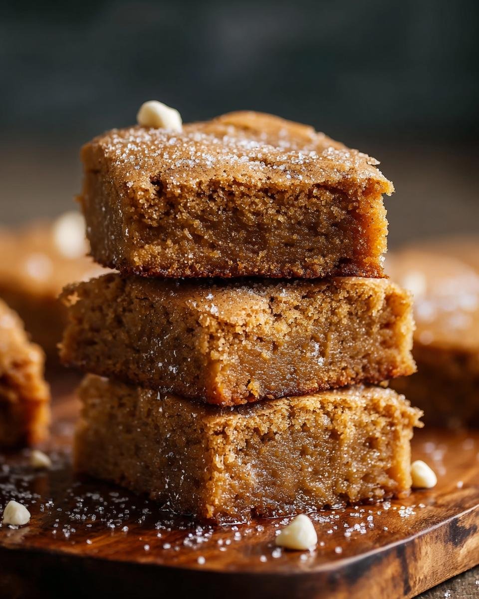 Blondies miel cannelle : 250 calories gourmandes 4 Gros plan d'une pile de blondies au miel et à la cannelle, saupoudrés de sucre et de pépites de chocolat blanc.
