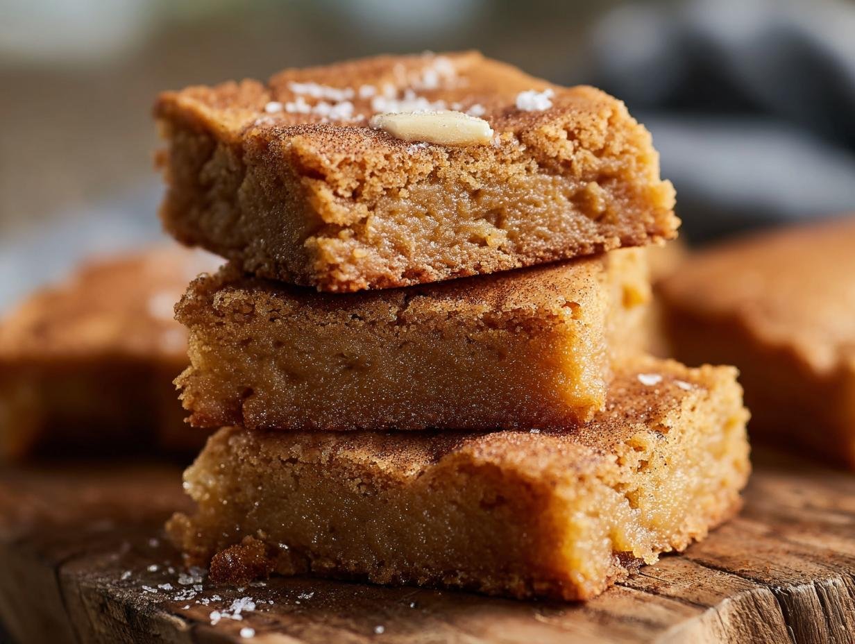 Blondies miel cannelle : 250 calories gourmandes 3 Pile de blondies au miel et à la cannelle saupoudrés de sucre et de cannelle sur une planche en bois.