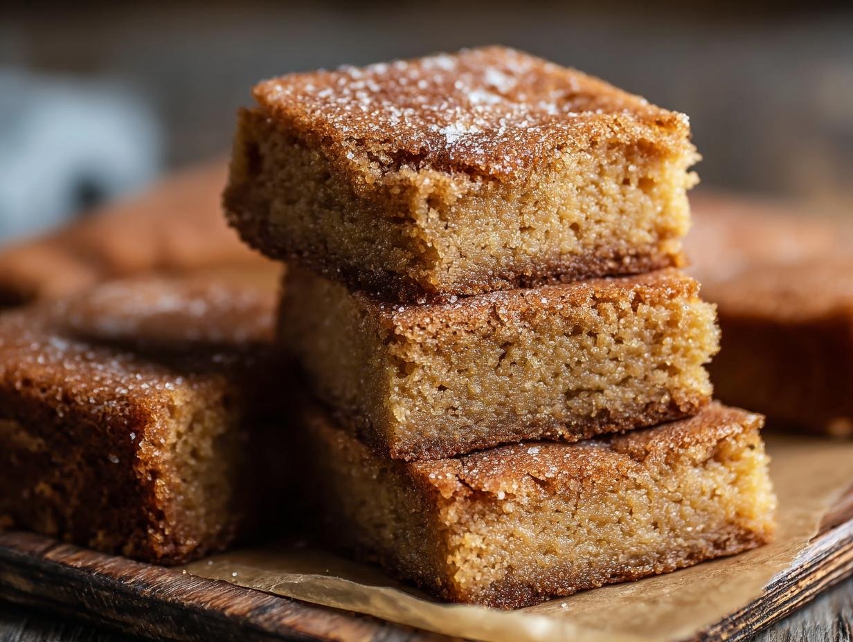 Blondies miel cannelle : 250 calories gourmandes 2 Gros plan sur une pile de blondies au miel et à la cannelle saupoudrés de sucre.