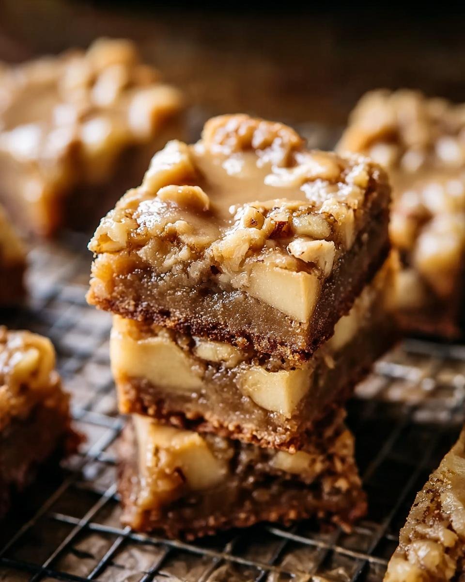 Gros plan sur une pile de blondies aux pommes et érable, garnis de noix et d'un glaçage onctueux.