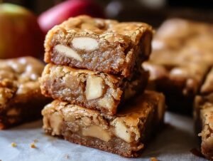 Gros plan sur une pile de blondies aux pommes et érable, parsemés de noix.