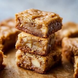 Gros plan sur une pile de blondies aux pommes et érable, avec des morceaux de pomme visibles.