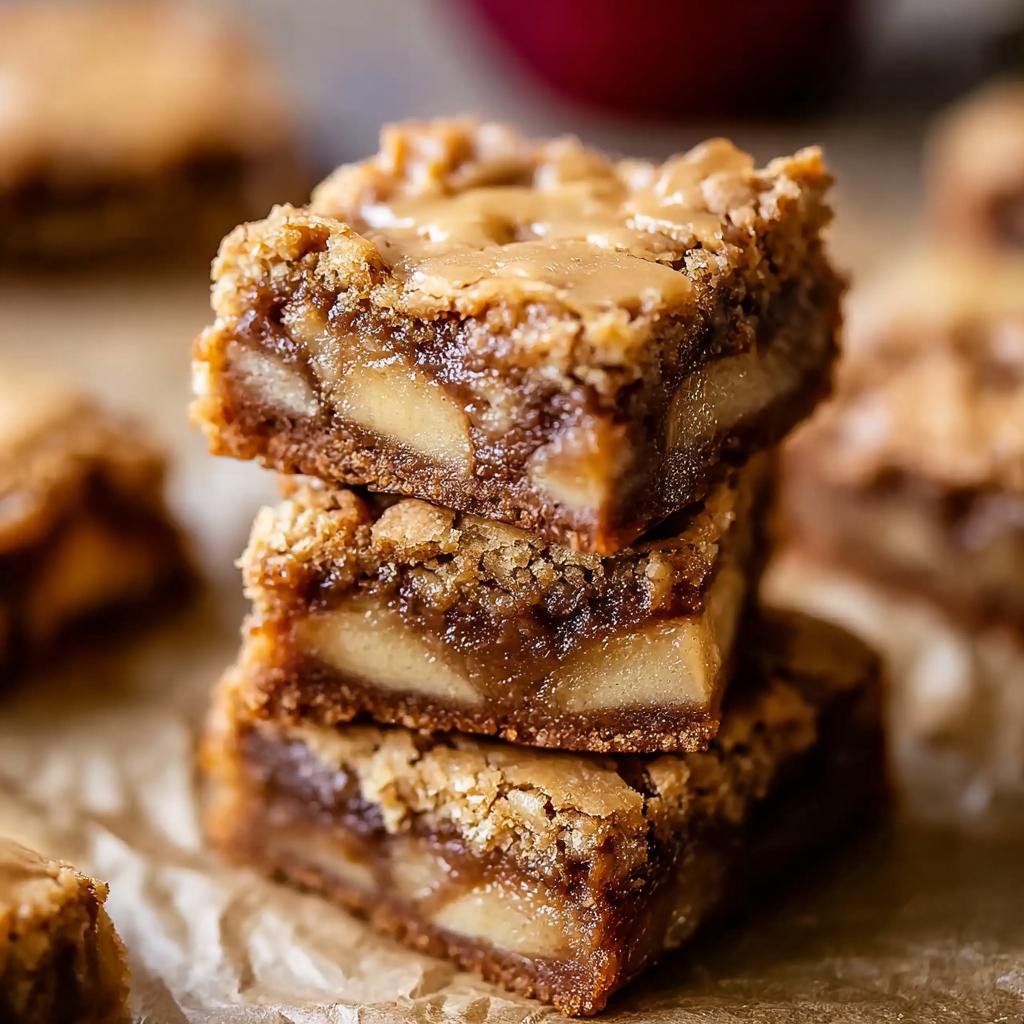 Gros plan sur une pile de blondies aux pommes et érable, avec des morceaux de pommes visibles.