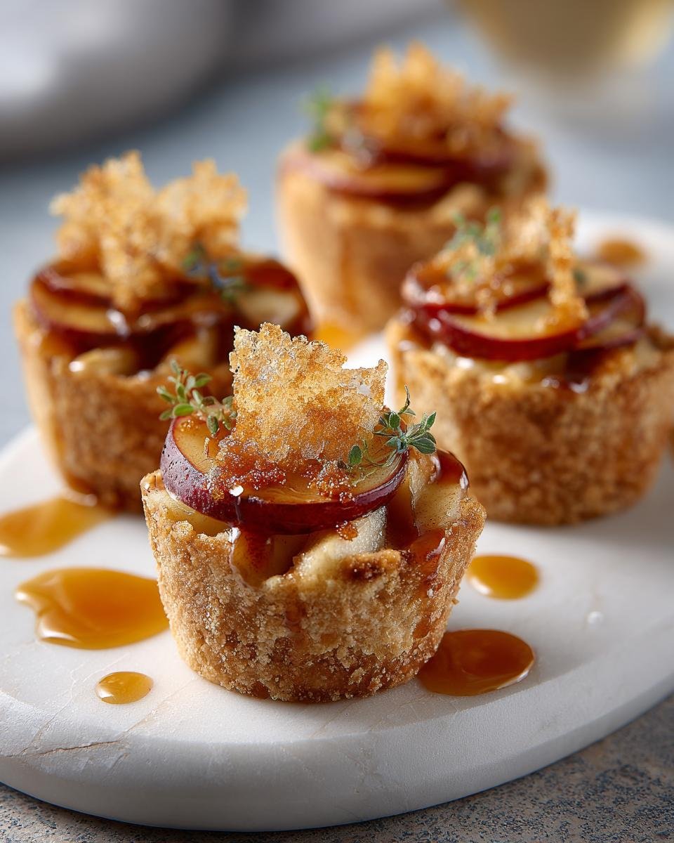 Gros plan sur des bouchées aux pommes caramélisées, garnies de fines tranches de pomme et de miettes croustillantes.
