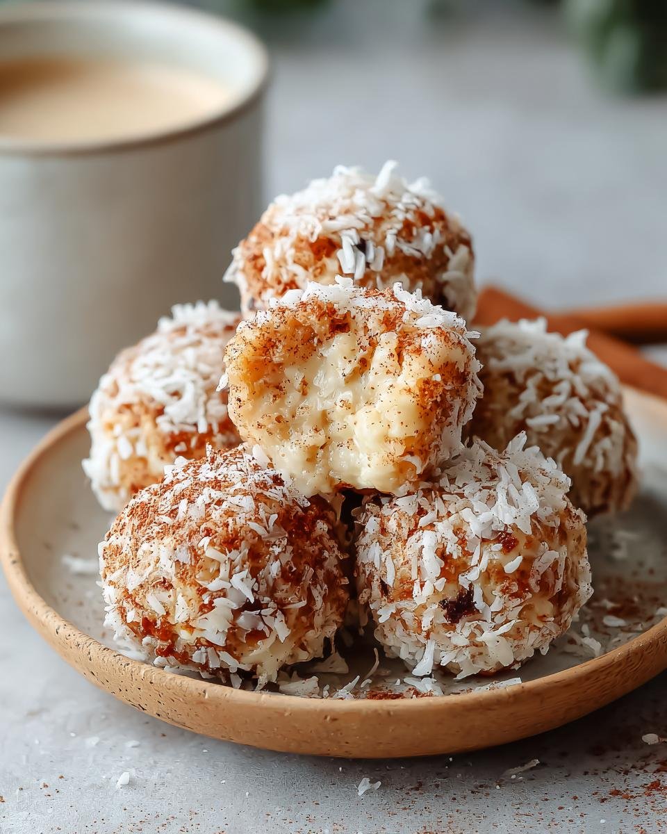 Gros plan sur des bouchées cannelle pomme cottage cheese roulées dans la noix de coco et la cannelle.