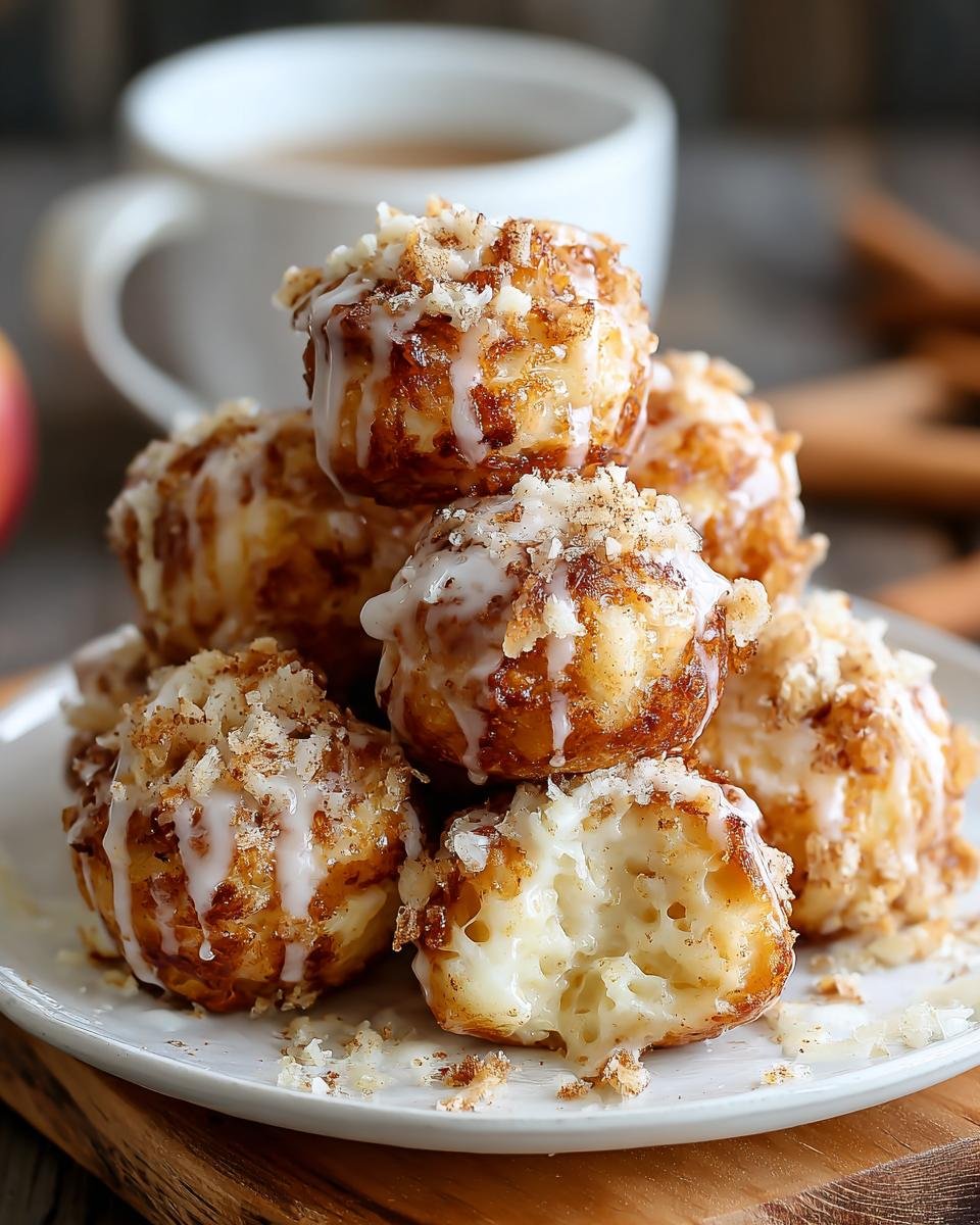 Gros plan de bouchées cannelle pomme cottage cheese empilées, nappées de glaçage et saupoudrées.