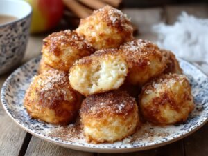 Gros plan sur des bouchées cannelle pomme cottage cheese dorées et saupoudrées de noix de coco râpée.