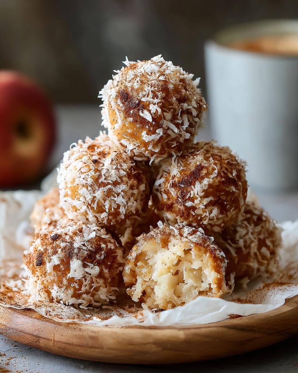 Gros plan sur des bouchées cannelle pomme cottage cheese roulées dans la noix de coco râpée et la cannelle.