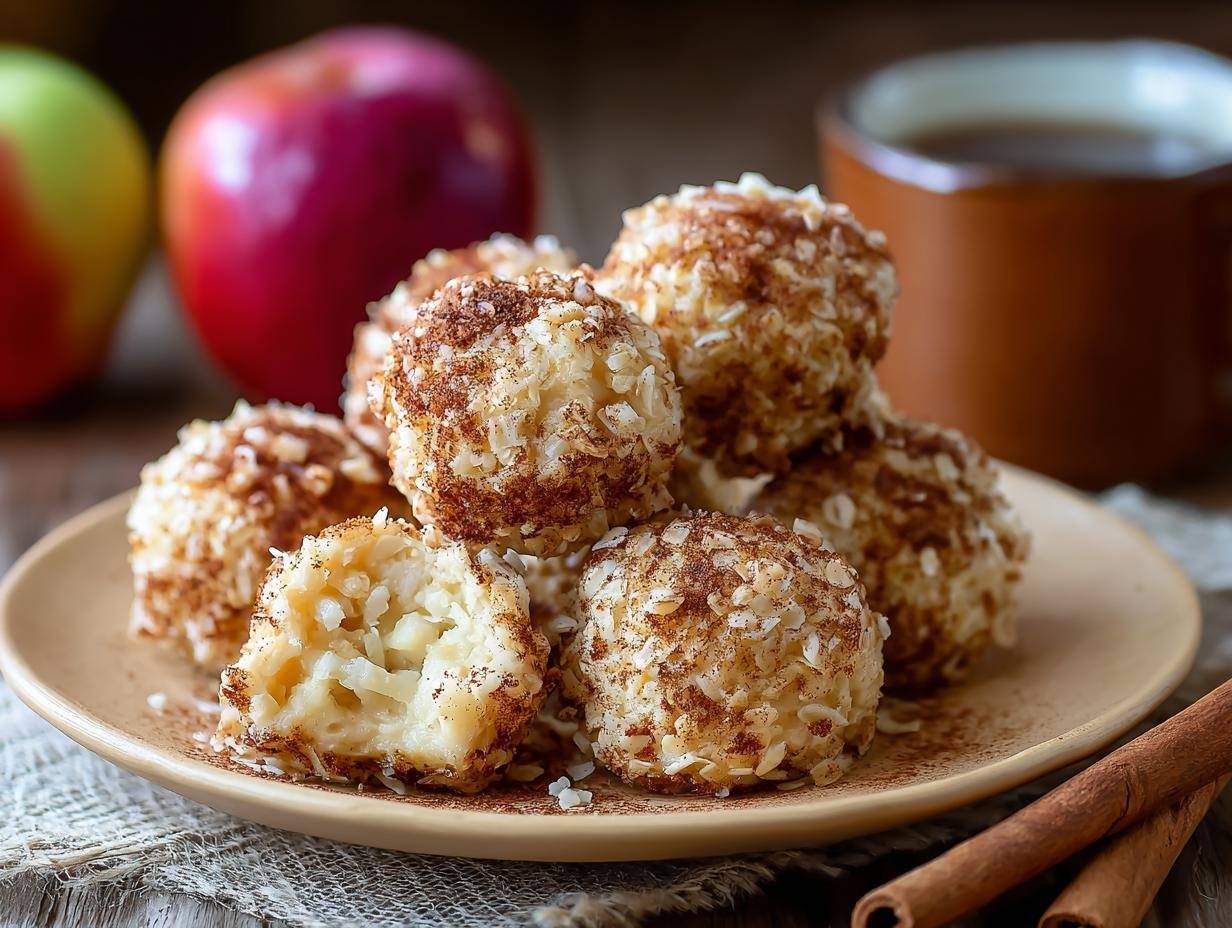 Gros plan de Bouchées Cannelle Pomme Cottage Cheese saupoudrées de cannelle et de noix de coco râpée.