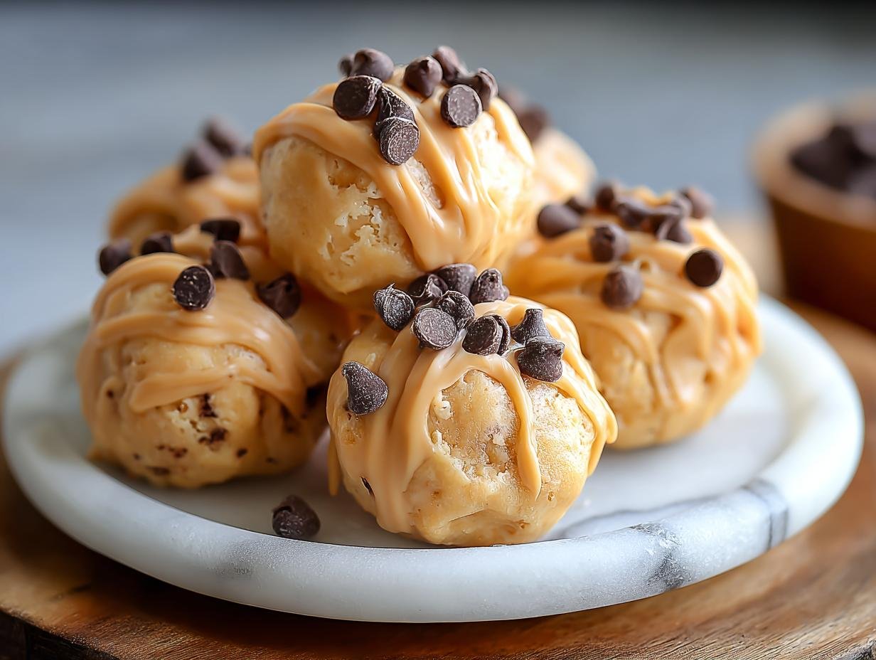 Gros plan de bouchées glacées au yaourt grec garnies de glaçage au beurre de cacahuète et de pépites de chocolat.