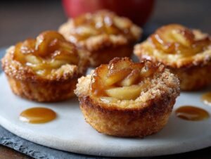 Gros plan sur des bouchées aux pommes caramélisées dorées, garnies de sucre et nappées de caramel.
