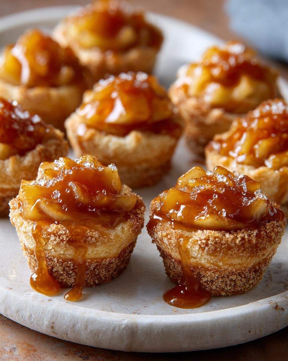 Gros plan sur des bouchées aux pommes caramélisées avec du caramel dégoulinant et du sucre cristallisé.