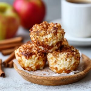 Gros plan sur des Bouchées Cannelle Pomme Cottage Cheese empilées sur une assiette en bois, avec des pommes et des bâtons de cannelle en arrière-plan.