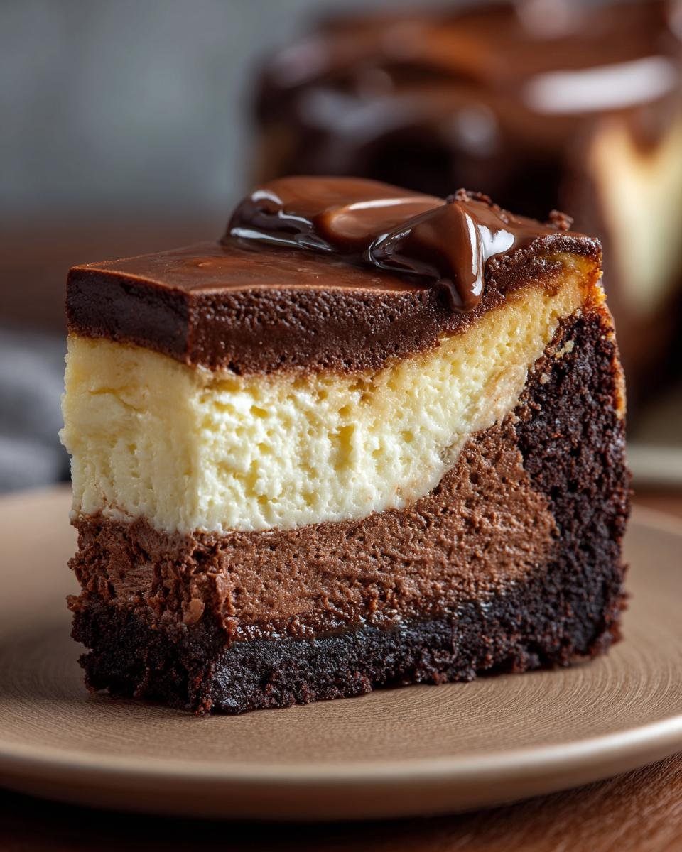Brownie Cheesecake Recipe : 1 péché gourmand 4 Gros plan d'une tranche de Brownie Cheesecake avec plusieurs couches de chocolat et de fromage, nappée de sauce au chocolat.