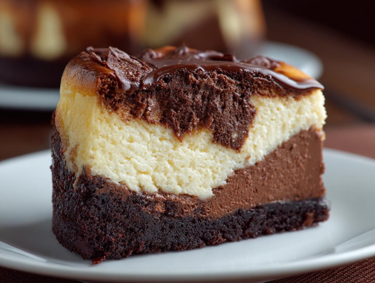 Brownie Cheesecake Recipe : 1 péché gourmand 2 Gros plan d'une tranche de Brownie Cheesecake avec une base de brownie, une couche de cheesecake et une garniture au chocolat.