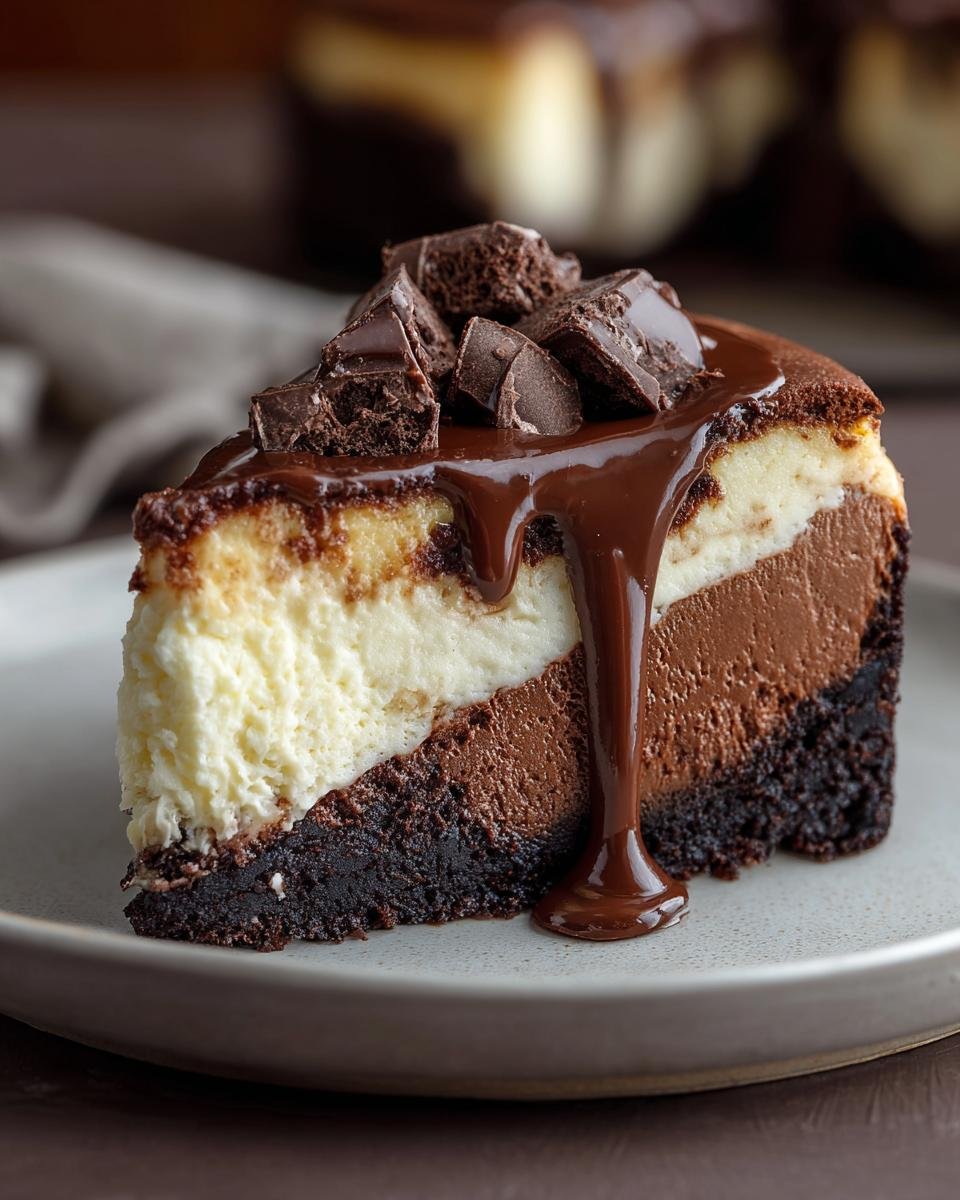 Brownie Cheesecake Recipe : 1 péché gourmand 1 Gros plan d'une tranche de Brownie Cheesecake Recipe, avec sauce au chocolat et morceaux de brownie.