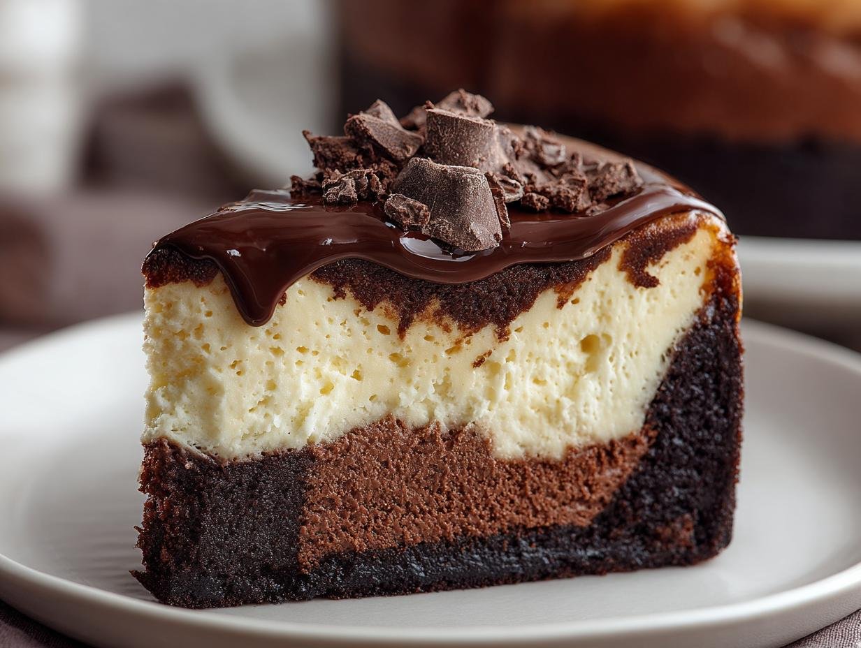 Brownie Cheesecake Recipe : 1 péché gourmand 3 Gros plan d'une tranche de brownie cheesecake avec glaçage au chocolat et éclats de chocolat.