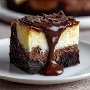 Gros plan d'une tranche de Brownie Cheesecake avec glaçage au chocolat et copeaux de chocolat.