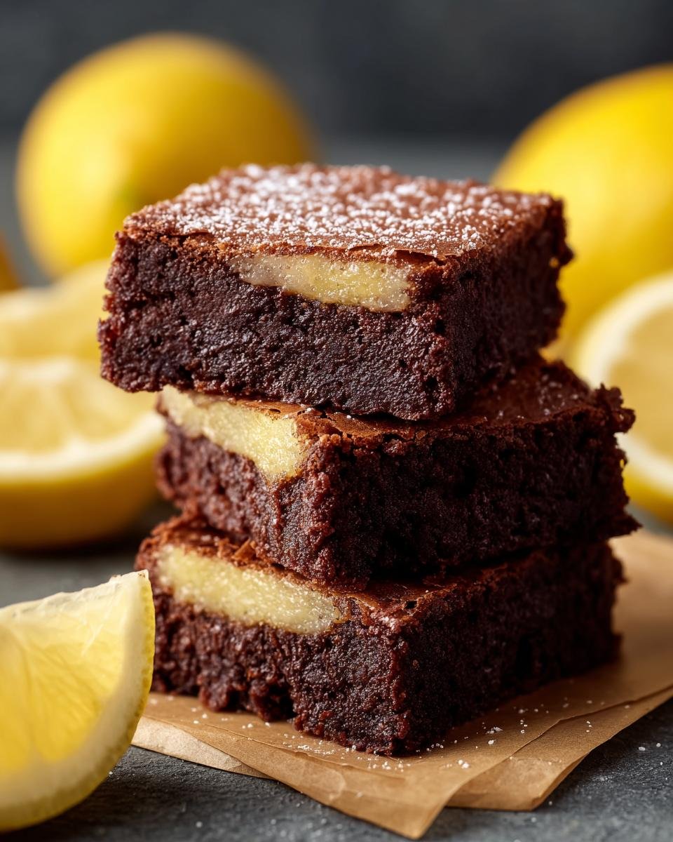 Gros plan sur un empilement de brownies au citron facile, saupoudrés de sucre glace, avec des citrons en arrière-plan.