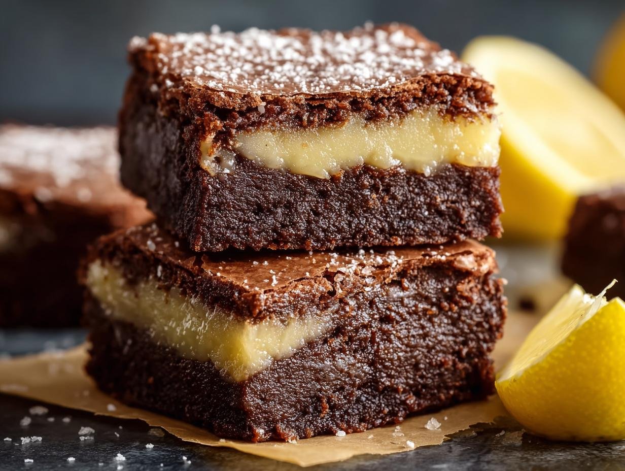 Gros plan sur deux brownies au citron faciles empilés, avec une couche crémeuse au citron entre deux couches de brownie au chocolat, saupoudrés de sucre glace.