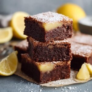 Brownies au citron Facile: 3 astuces gourmandes 5 Gros plan de brownies au citron facile, empilés et saupoudrés de sucre glace, avec des quartiers de citron frais.