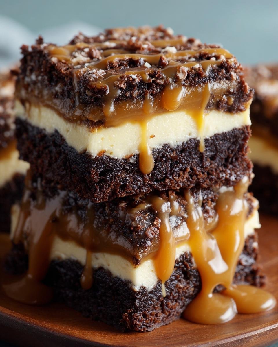 Brownies Cheesecake Caramel : 3 secrets pour la perfection 3 Gros plan de brownies cheesecake caramel empilés, avec du caramel coulant et des miettes.