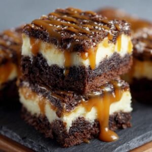Gros plan de brownies cheesecake caramel dégoulinant de sauce caramel sur une surface sombre.