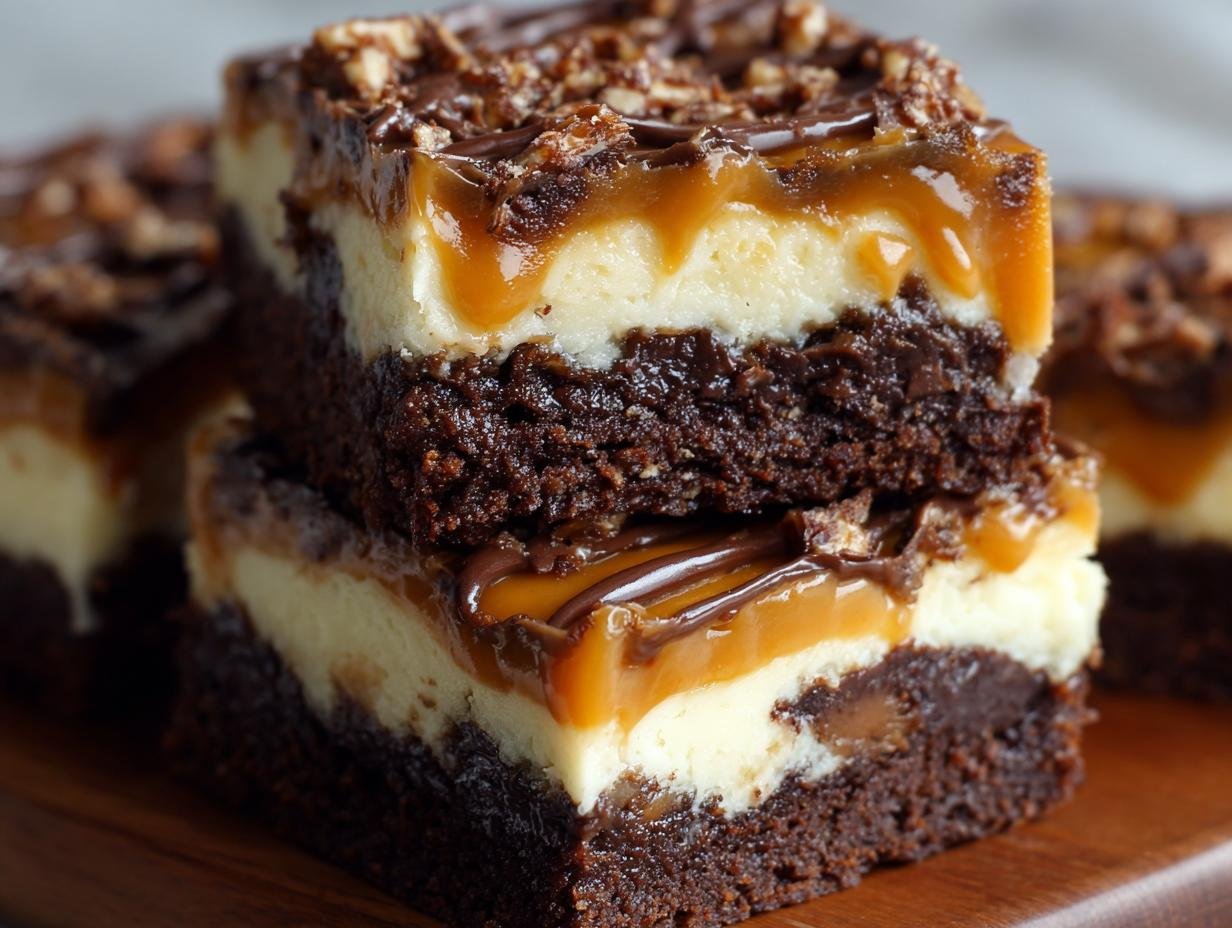 Brownies Cheesecake Caramel : 3 secrets pour la perfection 2 Gros plan sur des brownies cheesecake caramel empilés, avec une couche de brownie au chocolat, de cheesecake crémeux et de caramel coulant.