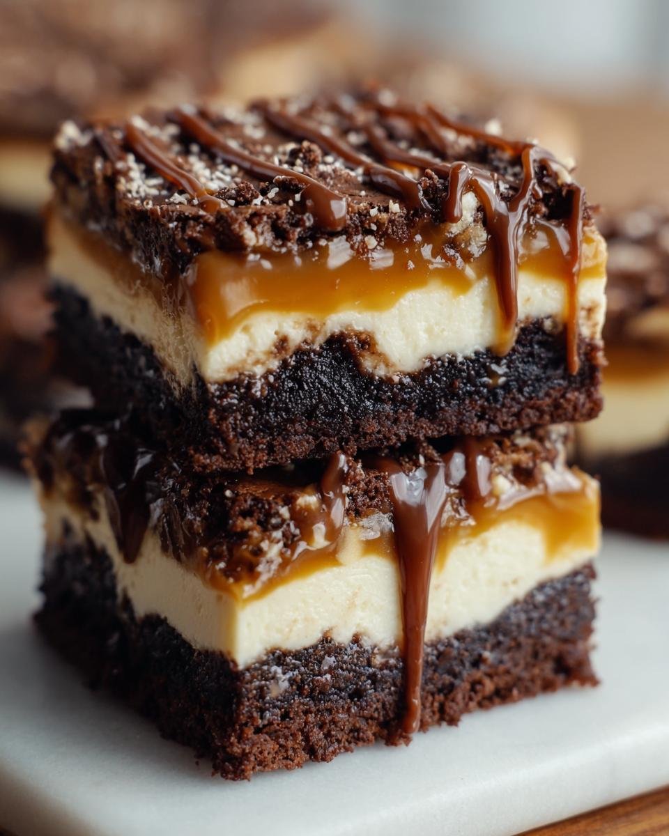 Brownies Cheesecake Caramel : 3 secrets pour la perfection 1 Gros plan sur des brownies cheesecake caramel empilés, nappés de sauce caramel et de miettes de chocolat.