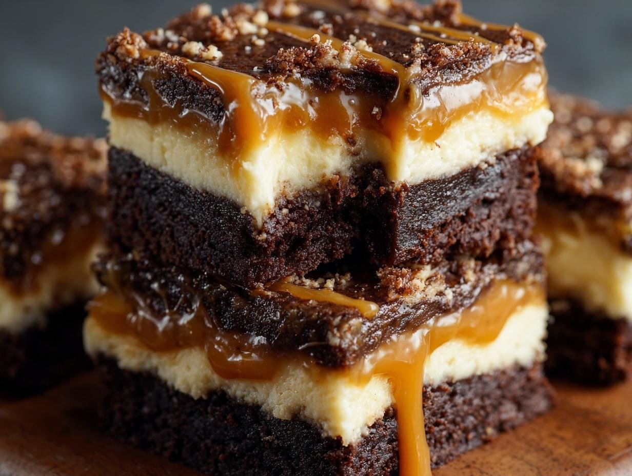 Brownies Cheesecake Caramel : 3 secrets pour la perfection 4 Gros plan de brownies cheesecake caramel empilés, avec du caramel coulant et des miettes sur le dessus.