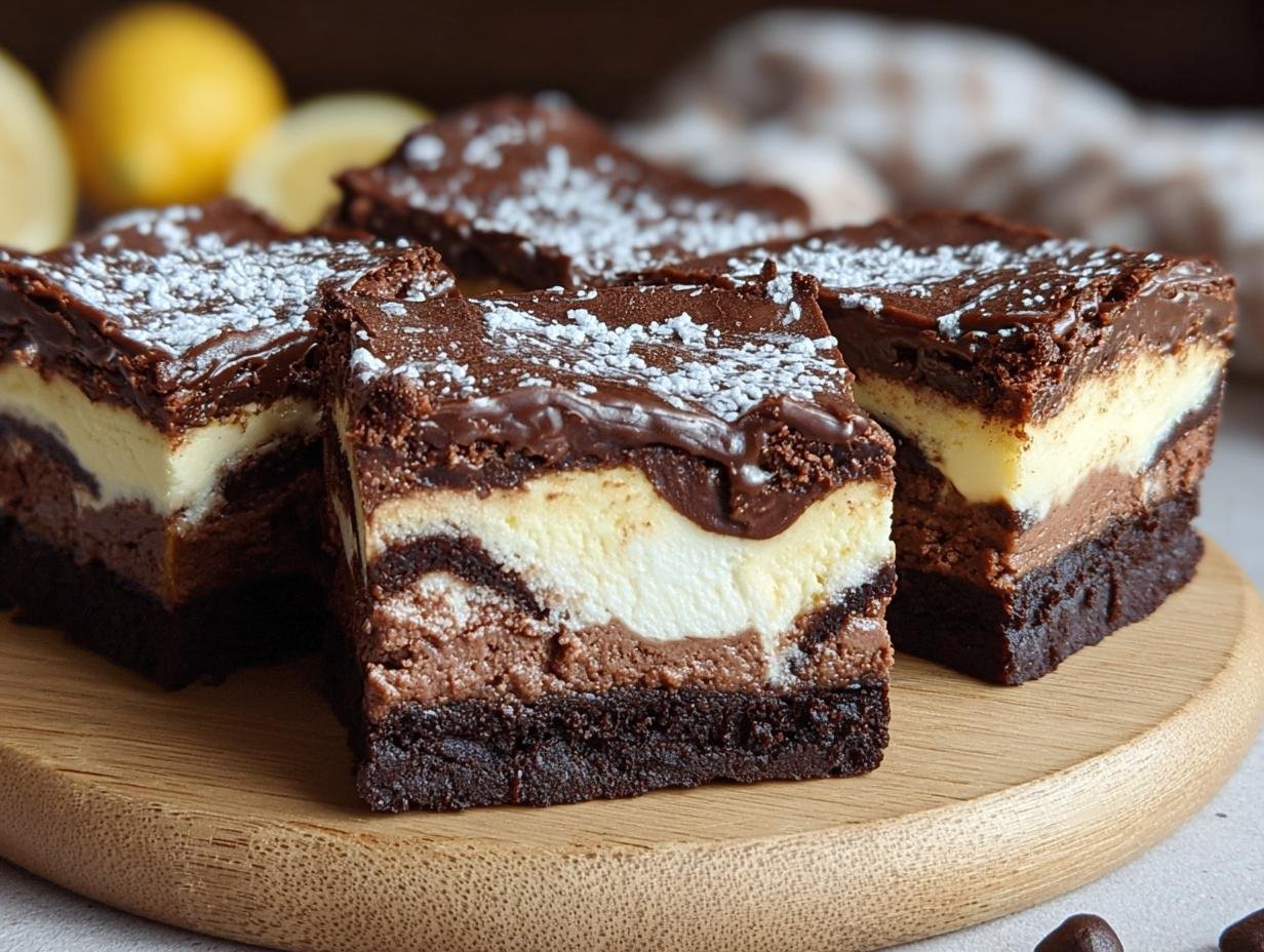 Brownies Cheesecake Facile : 1 recette divine 2 Gros plan de 4 brownies cheesecake facile coupés en parts, avec une couche de brownie au chocolat, une couche de cheesecake et un glaçage au chocolat.
