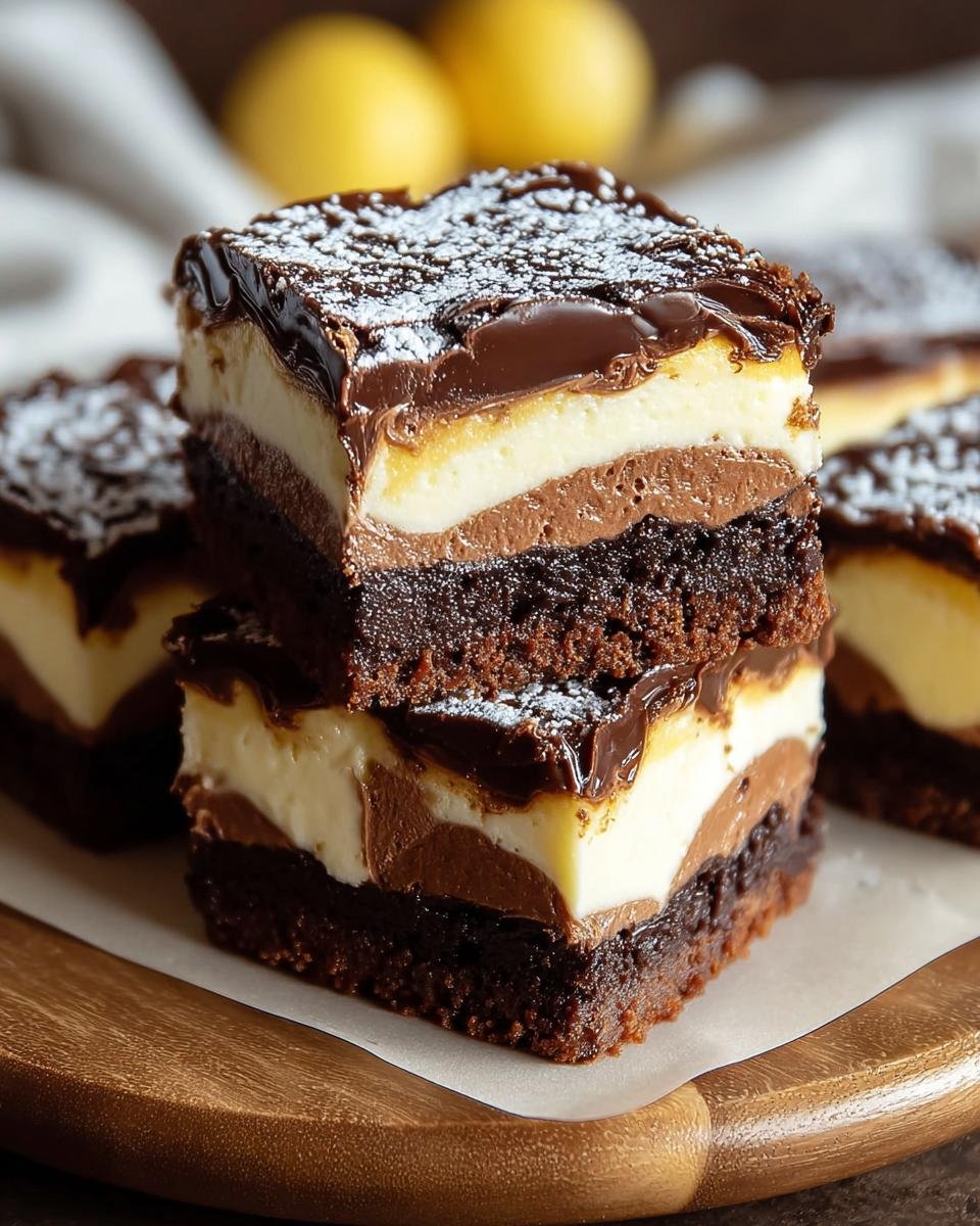 Brownies Cheesecake Facile : 1 recette divine 1 Gros plan de Brownies Cheesecake Facile, montrant les couches de brownie, cheesecake, ganache chocolat et sucre glace.