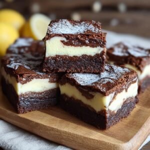 Gros plan de brownies cheesecake facile, avec une couche de chocolat et une couche crémeuse de cheesecake, saupoudrés de sucre glace.
