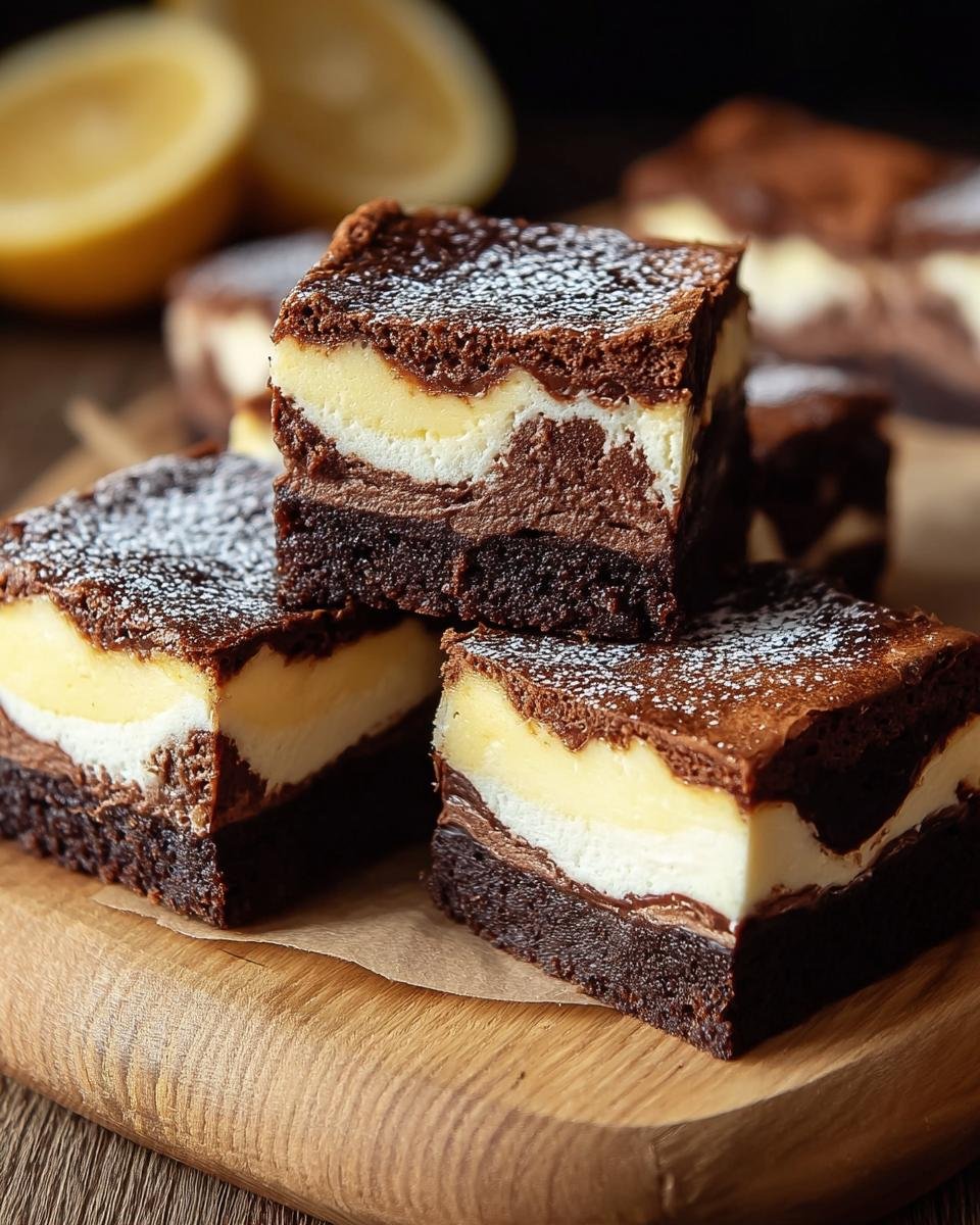 Brownies Cheesecake Facile : 1 recette divine 4 Gros plan sur une part de Brownies Cheesecake Facile, avec couches de brownie au chocolat et de cheesecake, saupoudrée de sucre glace.