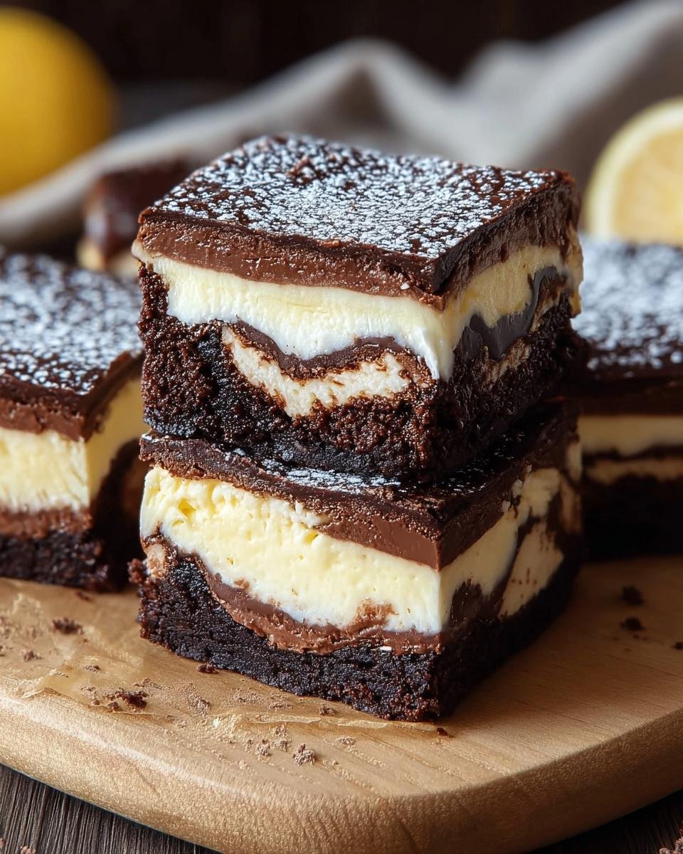 Brownies Cheesecake Facile : 1 recette divine 3 Gros plan sur des tranches de Brownies Cheesecake Facile, empilées et saupoudrées de sucre glace.