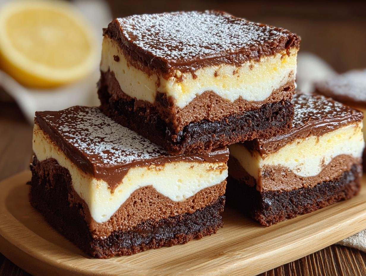 Gros plan sur des tranches de Brownies Cheesecake Facile, empilées sur une planche en bois, avec une garniture au chocolat et saupoudrées de sucre glace.