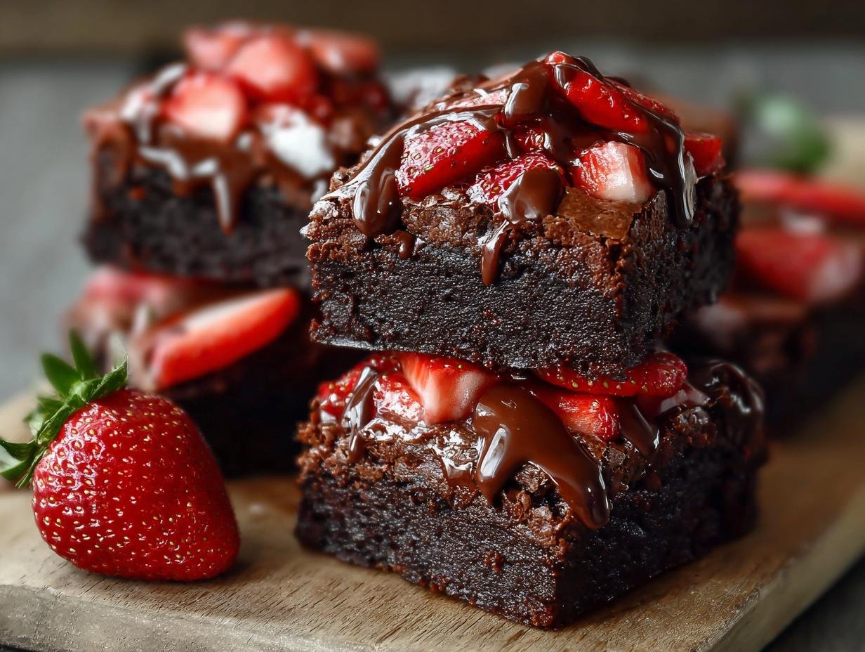 Brownies Chocolat Fraises: 1 recette divine 1 Gros plan sur des brownies au chocolat et fraises, nappés de sauce chocolat, avec une fraise entière sur le côté.