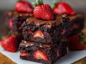 Brownies Chocolat Fraises: 1 recette divine Gros plan sur des brownies au chocolat et fraises, empilés et garnis de fraises fraîches.