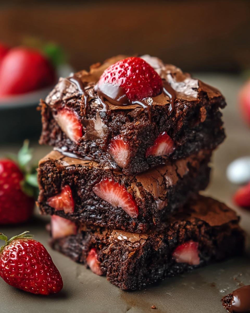 Brownies Chocolat Fraises: 1 recette divine 4 Gros plan sur une pile de brownies au chocolat et fraises, garnie d'une fraise fraîche et de sauce chocolat.