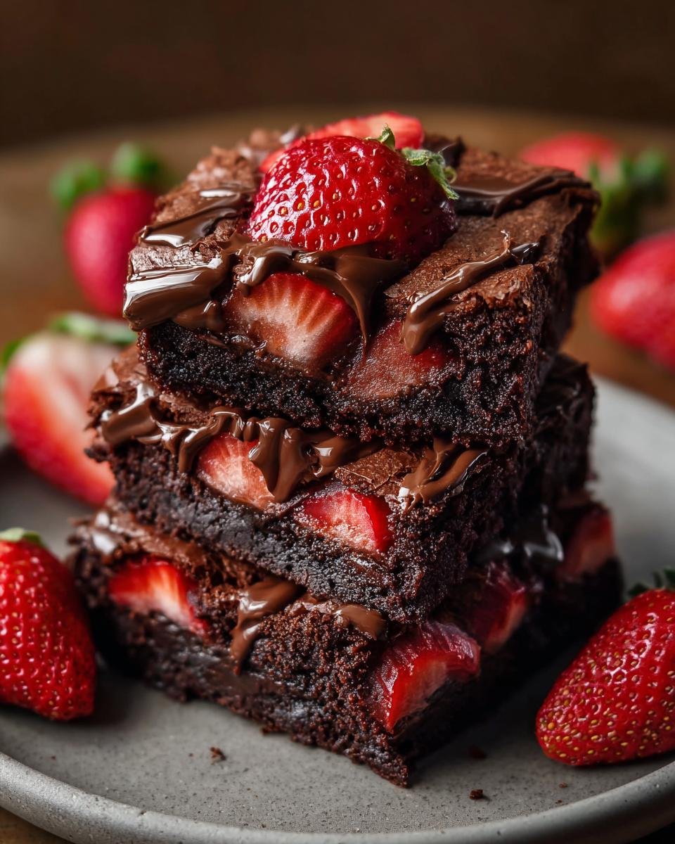 Brownies Chocolat Fraises: 1 recette divine 3 Gros plan sur une pile de brownies au chocolat et fraises, nappés de chocolat fondu et garnis de fraises fraîches.