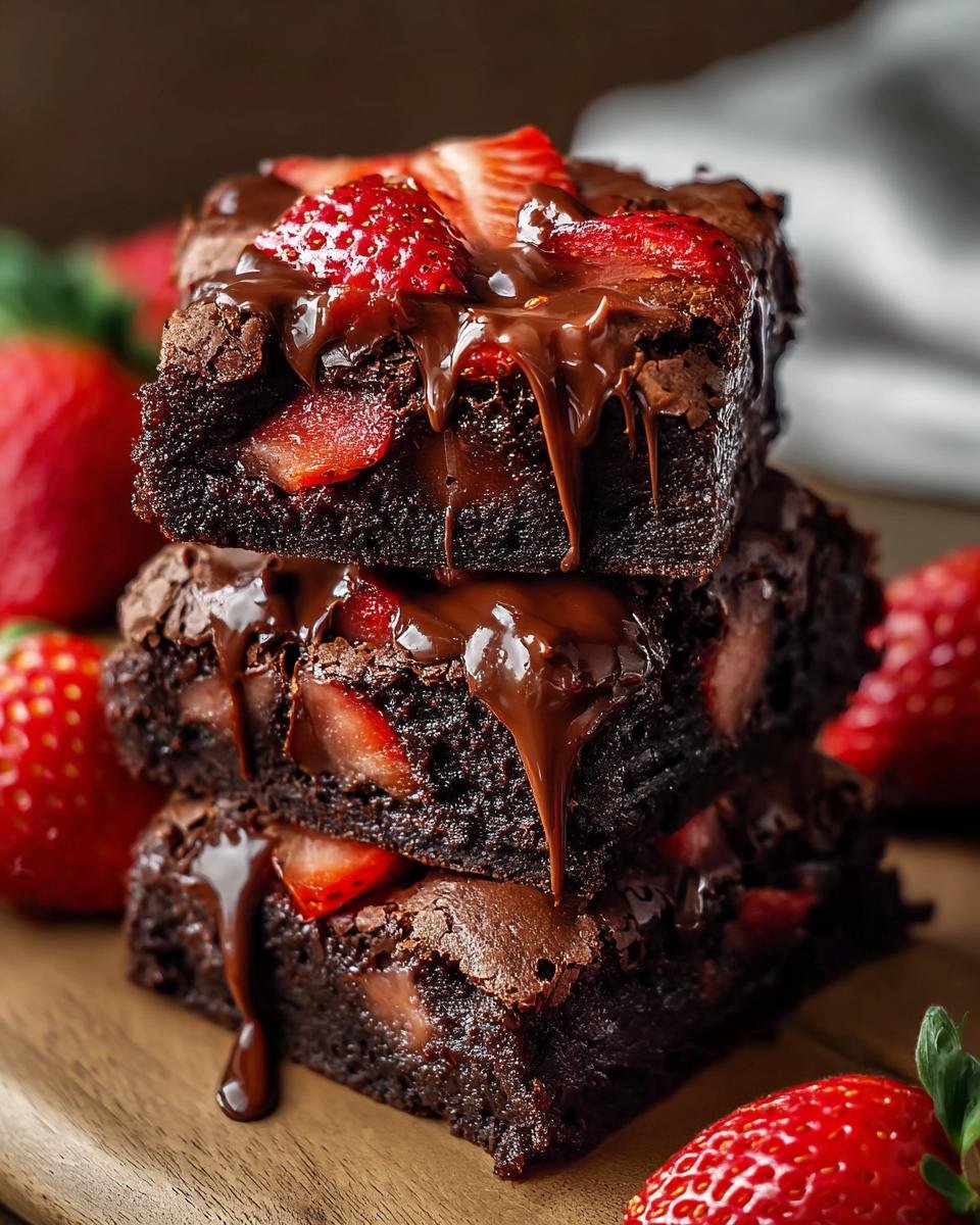 Brownies Chocolat Fraises: 1 recette divine 2 Gros plan sur une pile de brownies au chocolat et fraises, nappés de sauce chocolat fondue.
