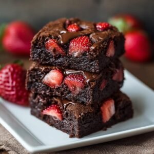 Gros plan sur une pile de brownies au chocolat et fraises, avec du chocolat fondu dégoulinant.