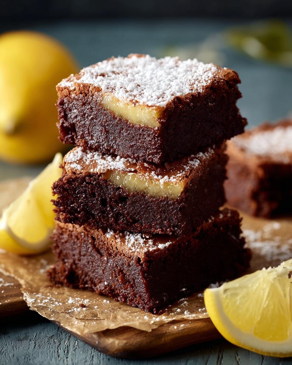 Gros plan sur une pile de brownies au citron facile, saupoudrés de sucre glace, avec des quartiers de citron.